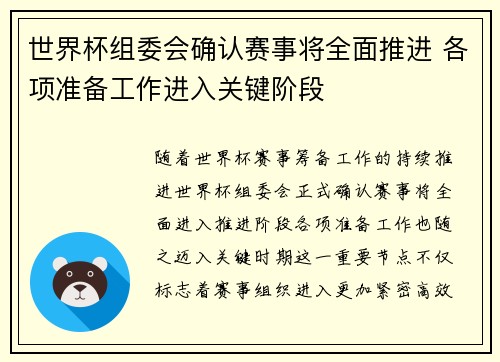 世界杯组委会确认赛事将全面推进 各项准备工作进入关键阶段