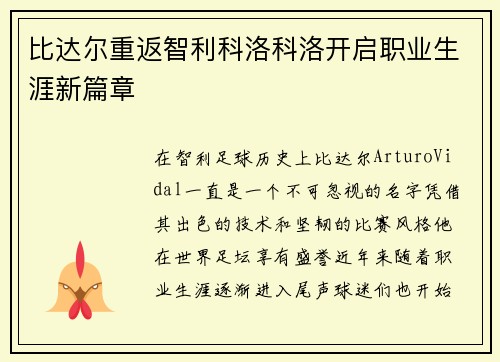 比达尔重返智利科洛科洛开启职业生涯新篇章
