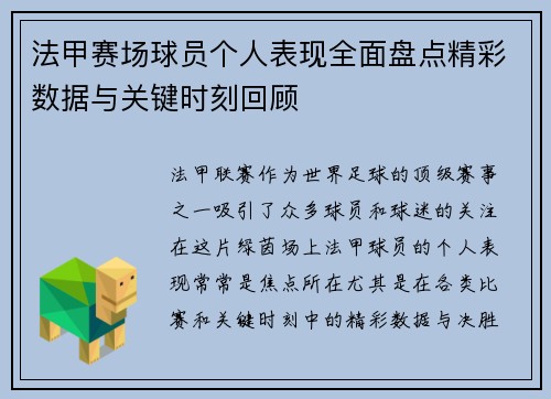 法甲赛场球员个人表现全面盘点精彩数据与关键时刻回顾