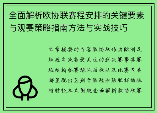 全面解析欧协联赛程安排的关键要素与观赛策略指南方法与实战技巧